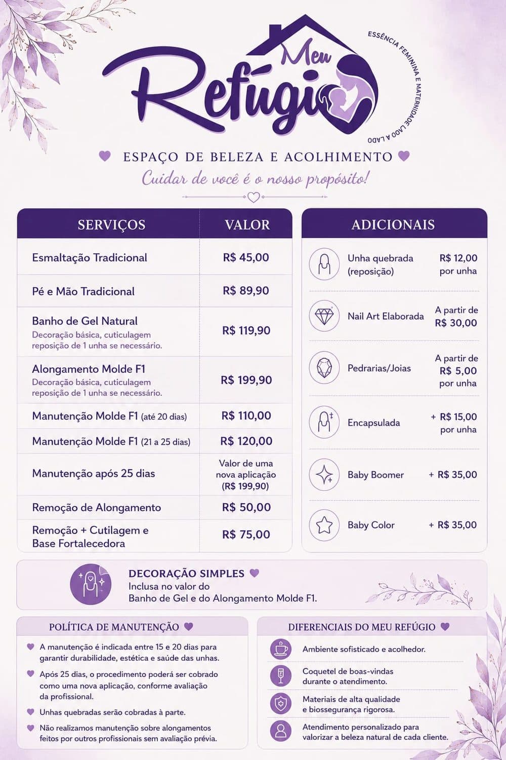 Tabela de preços — Unhas & Alongamento